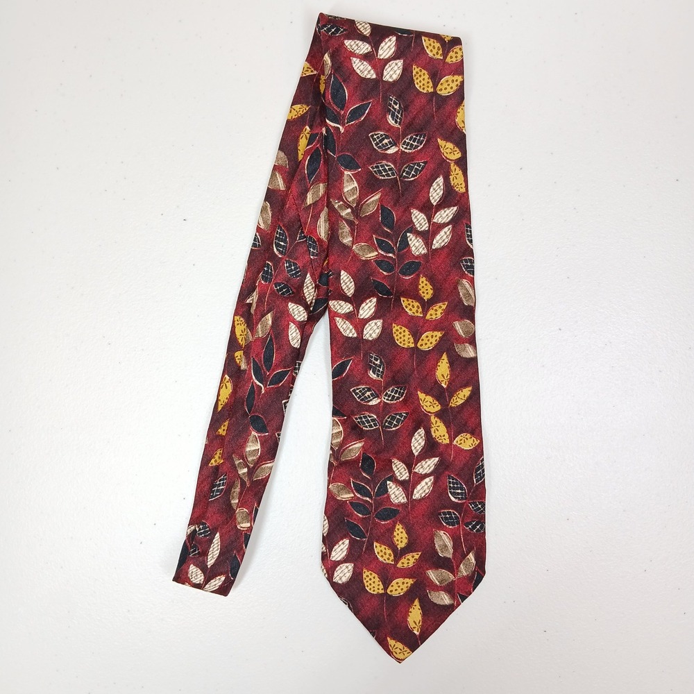Ermenegildo Zegna Tie Mens Burgundy Silk Leaf Print Classic Formal Edgy